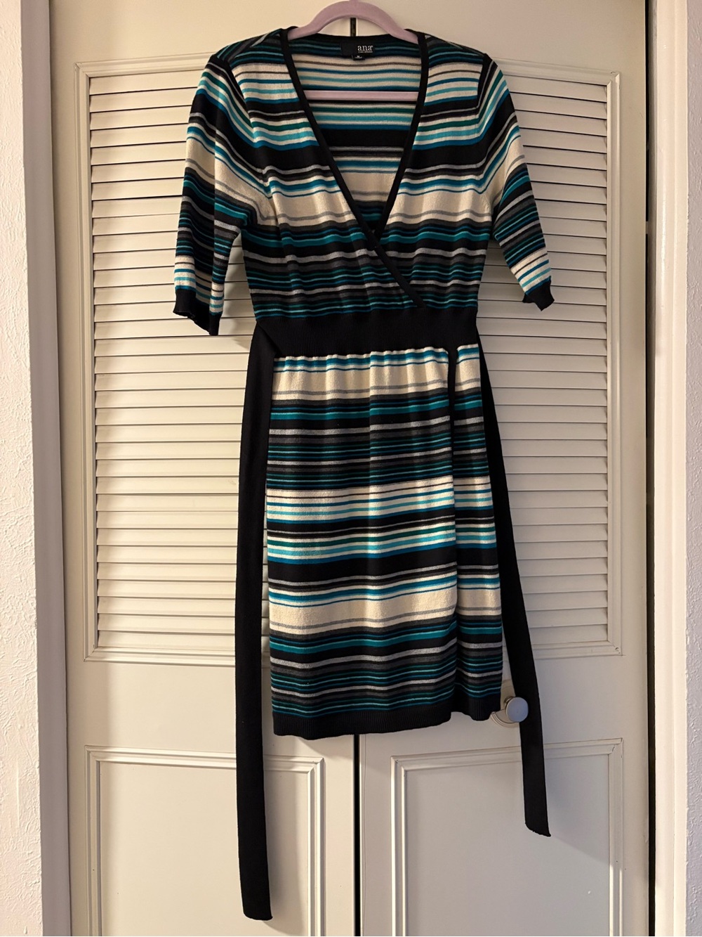 a.n.a A New Approach Striped Wrap-Style Dress in Teal, Black & Cream